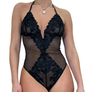 Victoria's Secret Black Floral Sheer Thong Bodysuit Lace Teddy Size XL Halter